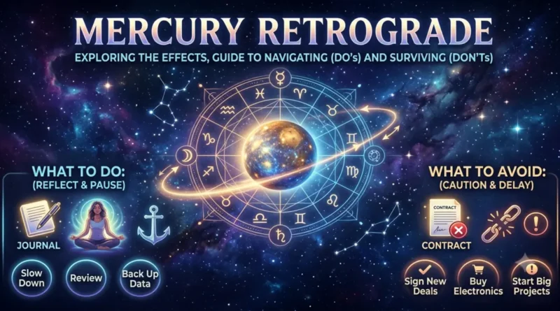 Mercury retrograde — the planet Mercury appearing to move backward across a starry sky