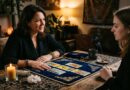 A private tarot reading with cards laid out on a table