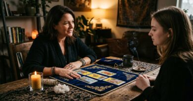 A private tarot reading with cards laid out on a table