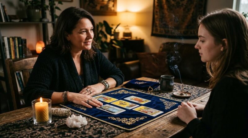 A private tarot reading with cards laid out on a table