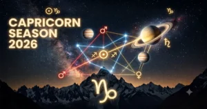 Capricorn season 2026 dates and meaning, the goat mountain silhouette representing the disciplined season and Saturn’s influence