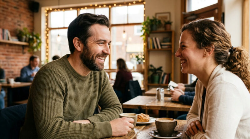 Signs a Sagittarius man has feelings for you — a man laughing warmly with a woman on an outdoor adventure