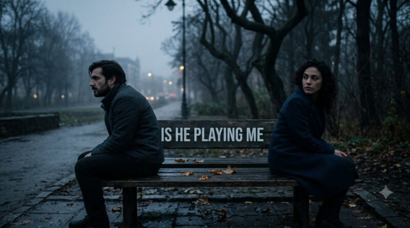 Signs an Aquarius man is playing you — a man looking away, emotionally detached, while a woman sits beside him