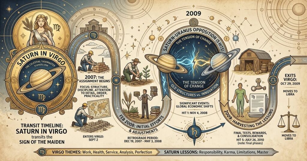 Saturn in Virgo transit timeline graphic illustrating key astronomical dates, planetary retrograde periods, and astrological themes from 2007 to 2009.