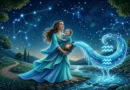 An Aquarius mother with her child beneath the Aquarius symbol