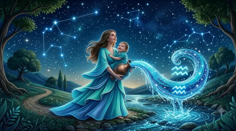 An Aquarius mother with her child beneath the Aquarius symbol