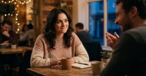 signs a Cancer woman likes you but is hiding it, illustrating a woman looking warmly at a man while holding a coffee cup