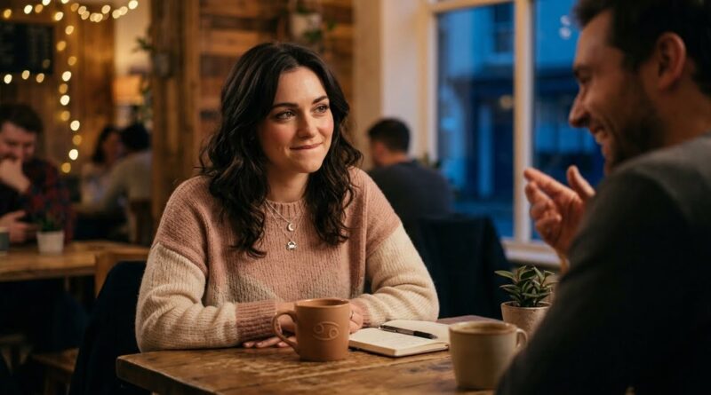 signs a Cancer woman likes you but is hiding it, illustrating a woman looking warmly at a man while holding a coffee cup