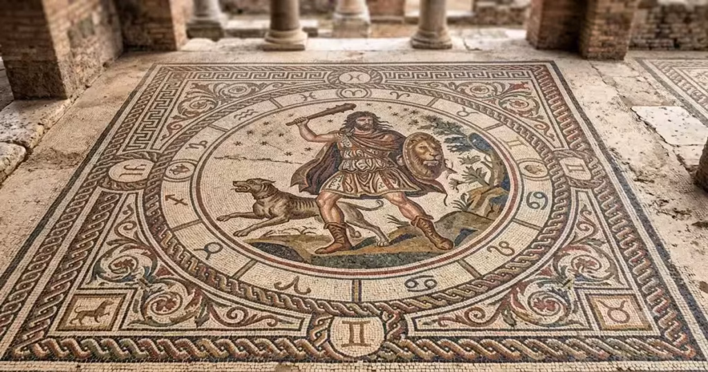 Ancient Roman mosaic of a figure from zodiac mythology Astrological signs in Latin