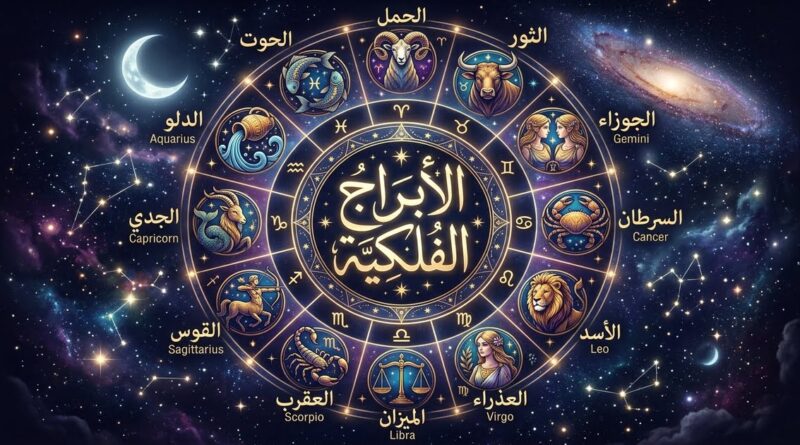 The 12 zodiac signs in Arabic in script with transliteration and meanings