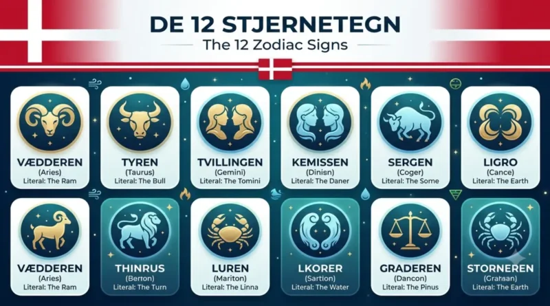 The 12 zodiac signs in Danish with English names and literal meanings
