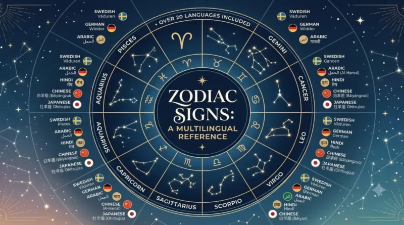 The 12 zodiac signs in different languages shown side by side across 20 languages