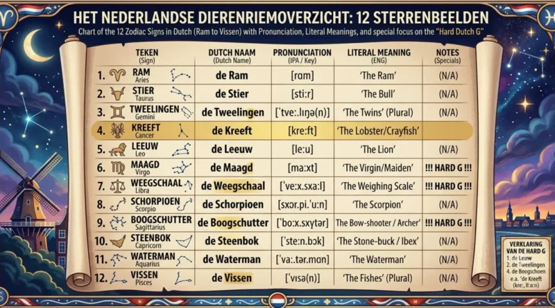 The 12 zodiac signs in Dutch with English names and literal meanings