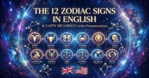 The 12 zodiac signs in English with pronunciation and Latin meanings