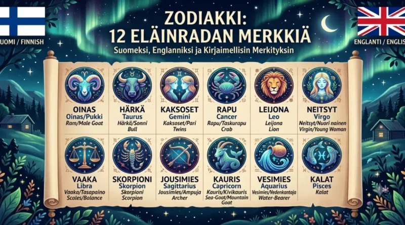 The 12 zodiac signs in Finnish with English names and literal meanings