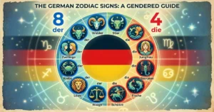 The 12 zodiac signs in German with their grammatical articles (der, die), literal English meanings, pronunciation guides, and date ranges in a comparison table.