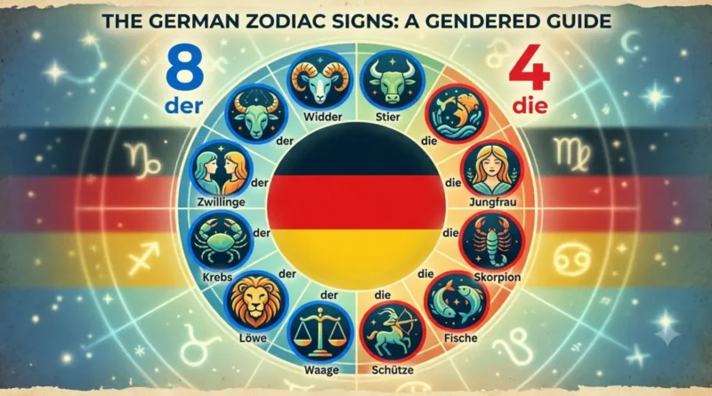 The 12 zodiac signs in German with their articles and literal meanings