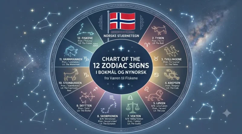 The 12 zodiac signs in Norwegian in both Bokmal and Nynorsk spellings
