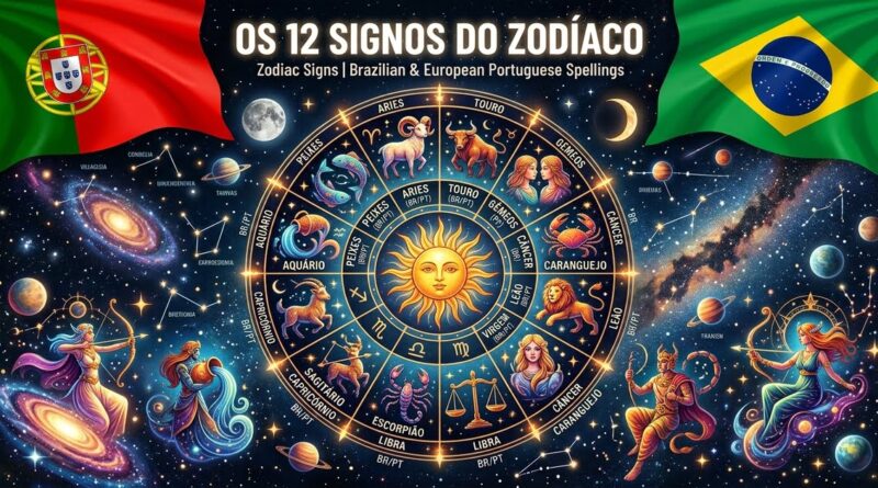 The 12 zodiac signs in Portuguese in Brazilian and European spellings