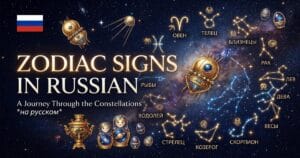 The 12 zodiac signs in Russian with English names, transliterations, and date ranges