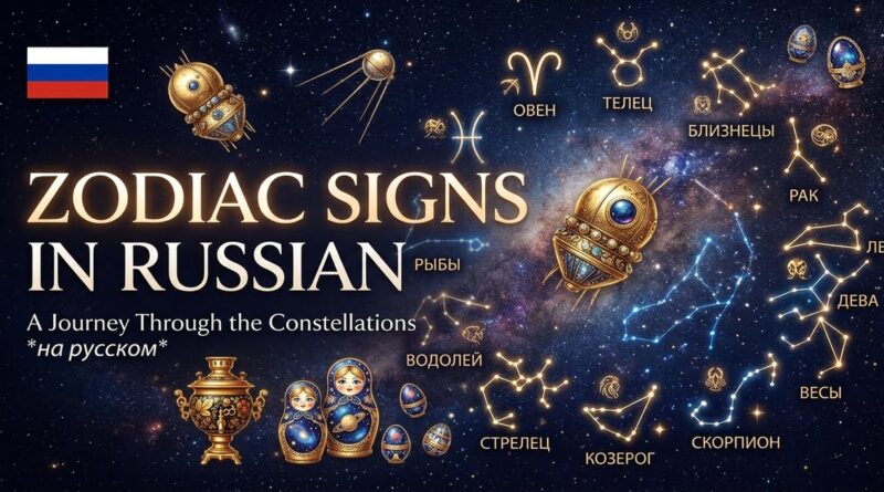 The 12 zodiac signs in Russian in Cyrillic with stress marks and meanings