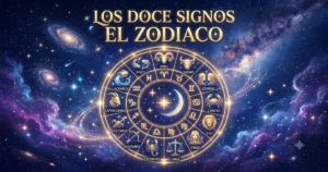 Zodiac signs in Spanish and English arranged on a celestial wheel