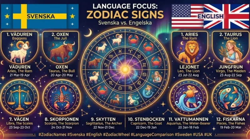 The 12 zodiac signs in Swedish with English names and literal meanings