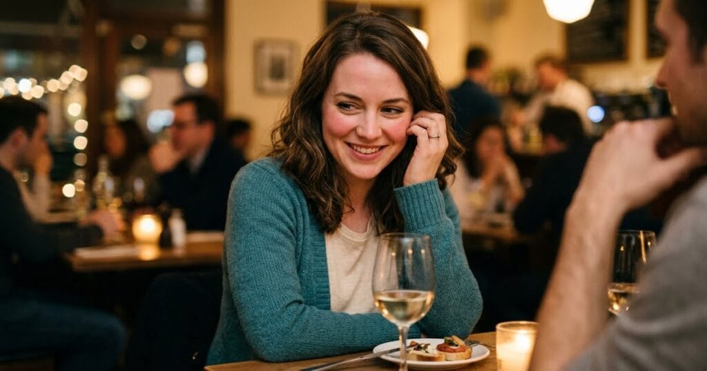 A woman smiling shyly, signs a cancer woman likes you but is hiding her feelings