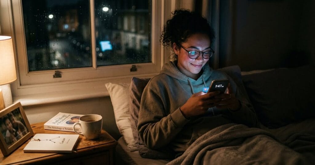 Woman texting late at night, signs a Cancer woman secretly likes you