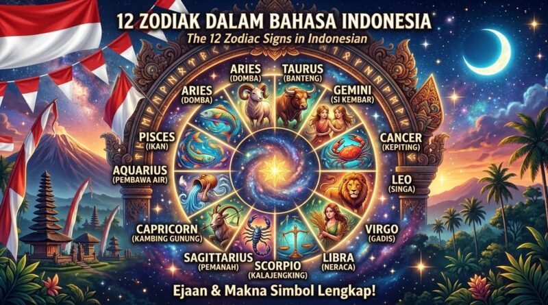 The 12 zodiac signs in Indonesian with Indonesian spellings and meanings