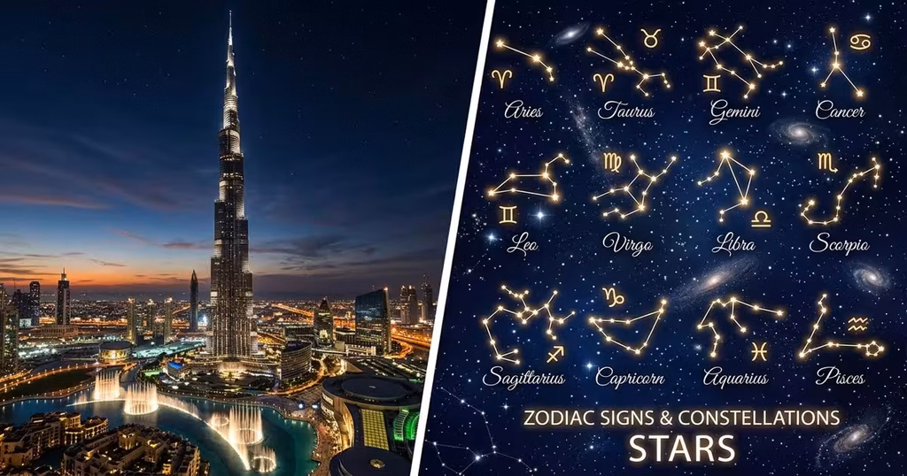 A stylized image showing Burj khalifa and 12 borj name list or star signs in arabic names
