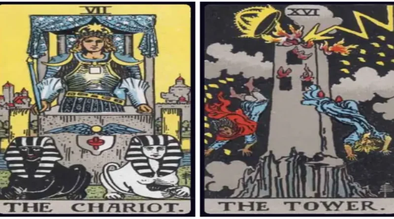 Chariot and Tower birth cards side by side on a dark reading space during a tarot session