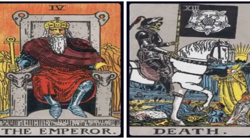 Emperor and Death birth cards side by side on a dark altar during a tarot reading