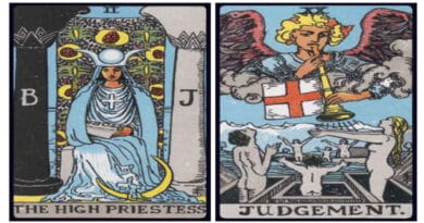 The High Priestess and Judgement Birth Cards: Meaning and Guide High Priestess and Judgement birth cards displayed side by side in a tarot reading setting