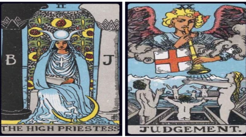 High Priestess and Judgement birth cards displayed side by side in a tarot reading setting
