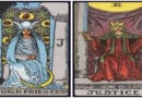 High Priestess and Justice birth cards side by side on a dark table for tarot analysis