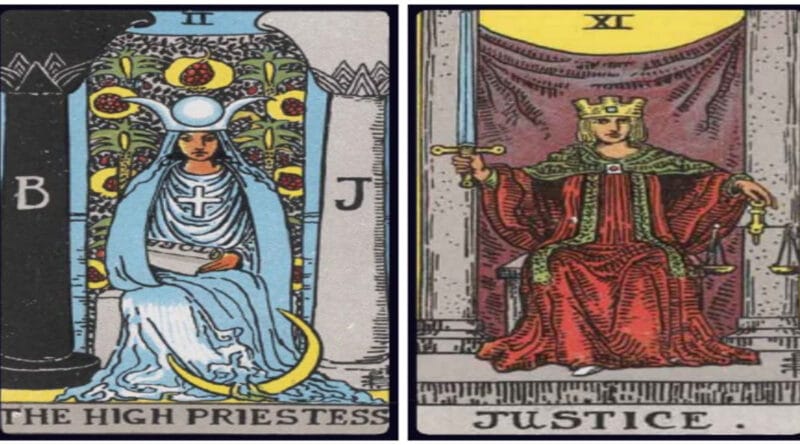 High Priestess and Justice birth cards side by side on a dark table for tarot analysis