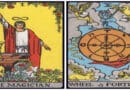 Magician and Wheel of Fortune birth cards laid out side by side on a tarot velvet cloth