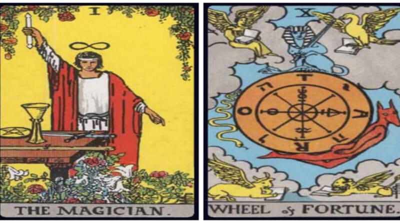 Magician and Wheel of Fortune birth cards laid out side by side on a tarot velvet cloth