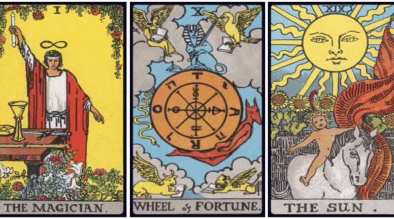 Magician Wheel of Fortune and Sun birth cards placed side by side in a 3-card tarot spread