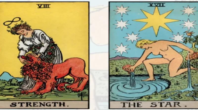Strength and Star birth cards positioned together on a velvet altar mat in a tarot layout