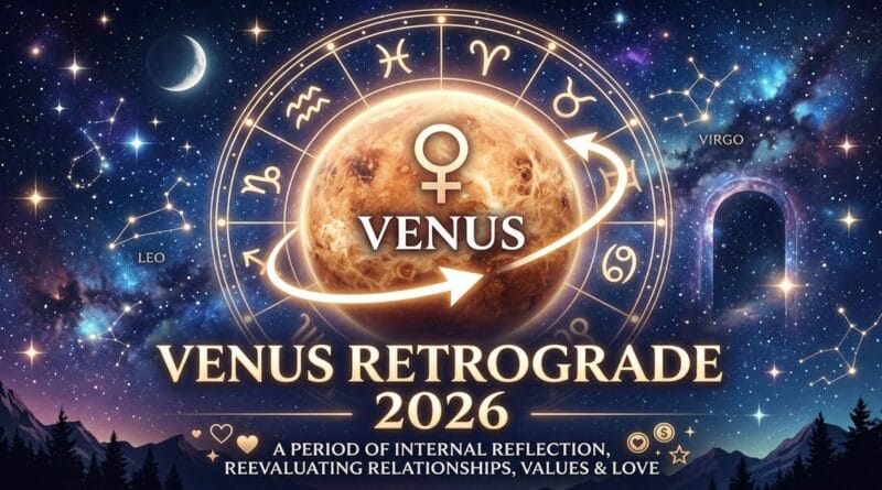Venus Retrograde 2026 set against a starry cosmos featuring Scorpio and Libra zodiac constellations