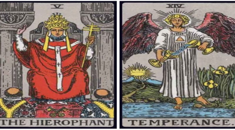 Hierophant and Temperance birth cards displayed side by side on a ritual tarot cloth