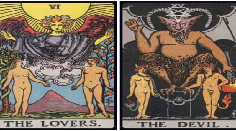 Lovers and Devil birth cards laid side by side on a dark silk fabric for tarot interpretation