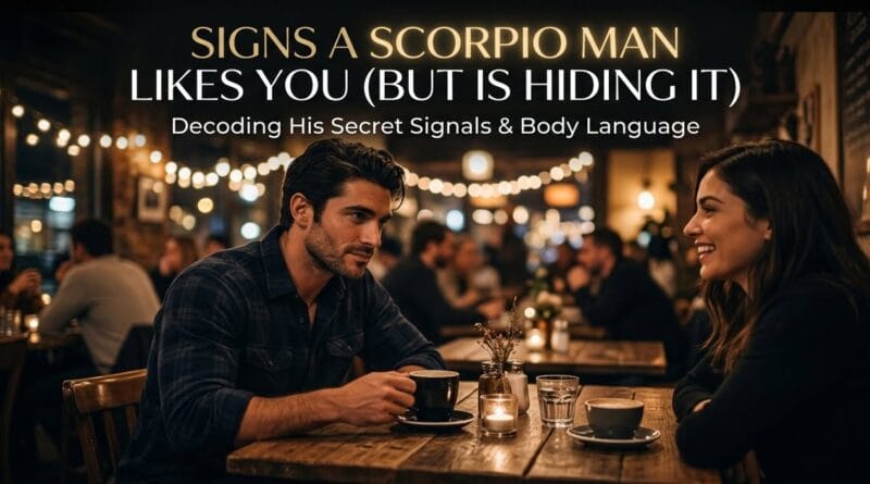 Signs a Scorpio Man Likes You But Is Hiding It, A man looking intently at a woman across a dimly lit coffee shop table with overlay text reading