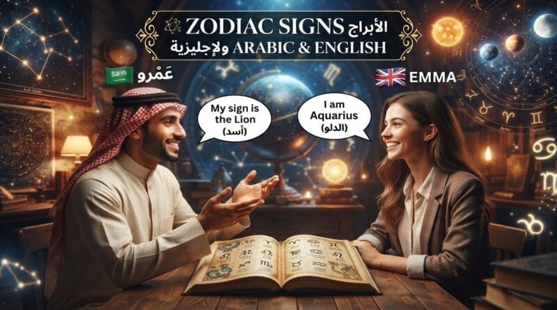 An Arabic man and an English woman sitting across from each other at a wooden table in an astrology-themed room, discussing zodiac signs in Arabic and English meaning and pronunciation